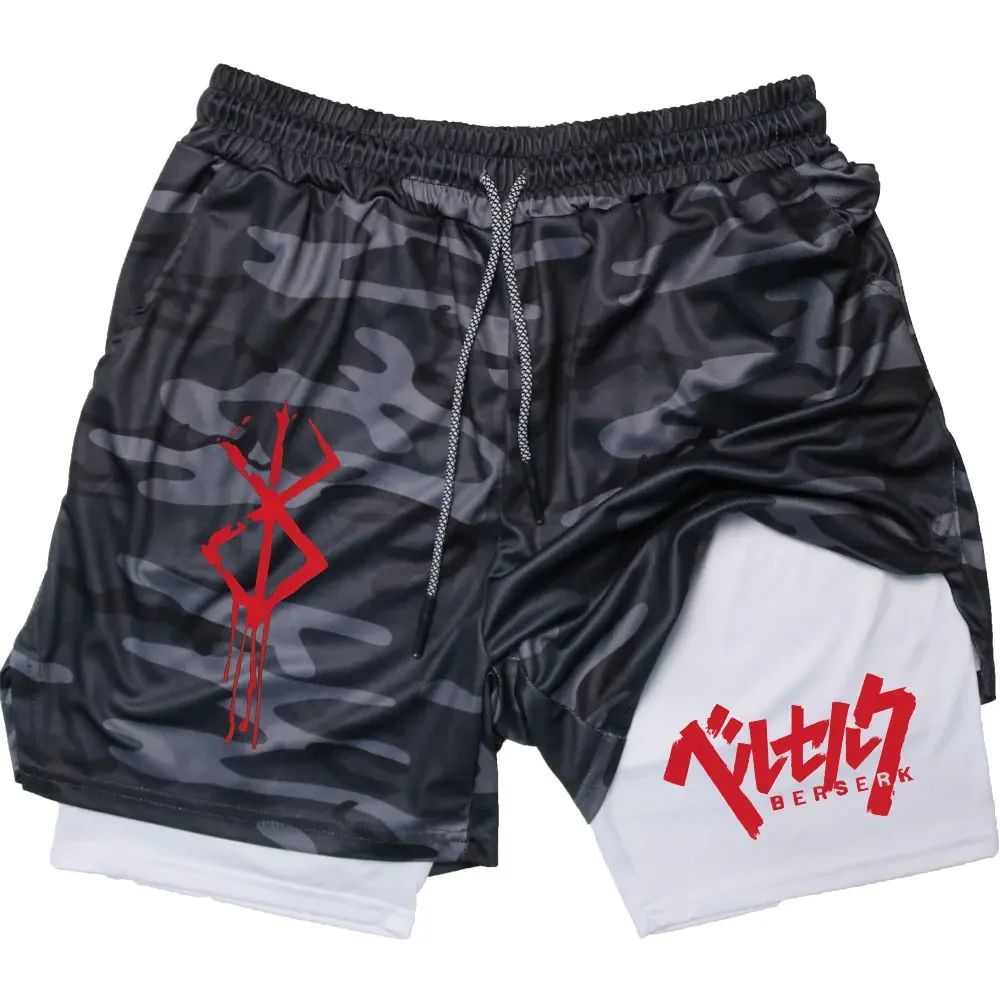 Anime Berserk 2 in 1 Gym Shorts for Men Active Athletic Compression Shorts 5 Inch Quick Dry Stretchy Training Fitness Workout