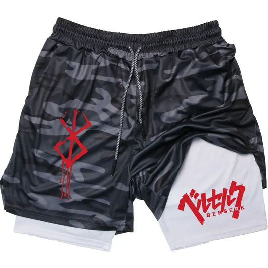 Anime Berserk 2 in 1 Gym Shorts for Men Active Athletic Compression Shorts 5 Inch Quick Dry Stretchy Training Fitness Workout