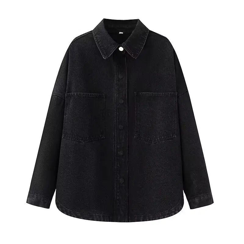 Retro Washed Loose Long Sleeve Women's Denim Shirt Vintage Workwear Style Button up Casual Outerwear from Mainland China