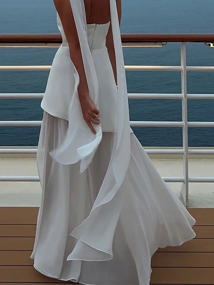 Fashion Strapless Ribbon Mesh Patchwork Maxi Dress Elegant Sleeveless Backless V