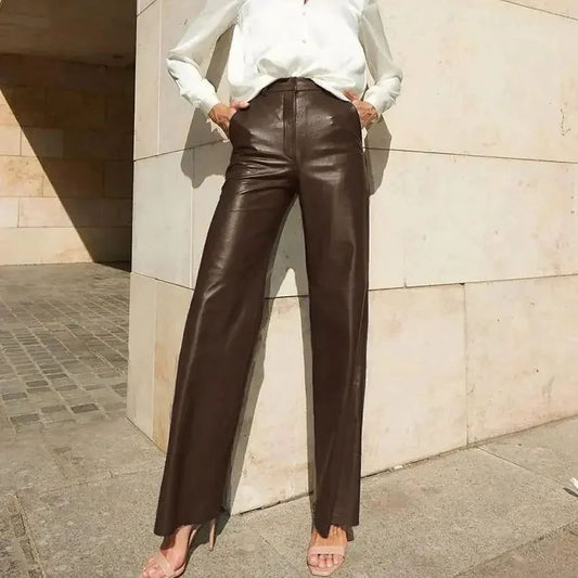 Women's Trousers Spring Fashion PU Leather Mid High Waist Lifting Hip Straight Leg Casual Women's Pants