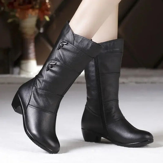 2024 Middle Boots Winter Women's Korean Style Low Heel Solid Color Fleece Warm Plus Size Outdoor Anti-Skid Boots