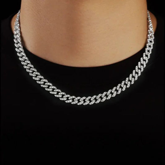 Hip Hop Shiny 15MM Cuban Link Chain Necklace Women Men Silver Color Rhinestone Iced Out Cuban Chain Punk Jewelry Necklace Gift
