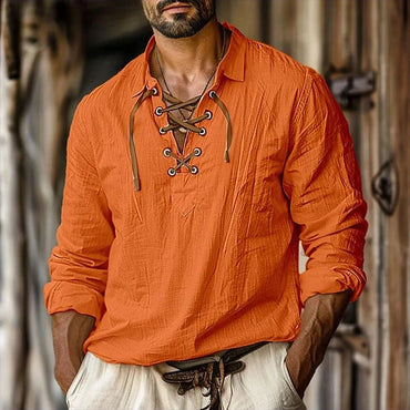 2024 Men's Renaissance Shirt Pirate Medieval Viking Top Cotton Linen Shirts Casual Fashion V-neck Tie Up Long-sleeved Shirt