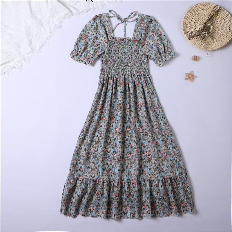 Summer Pleated Women Chiffon Dresses Casual Beach Holiday Short Sleeve Square Co