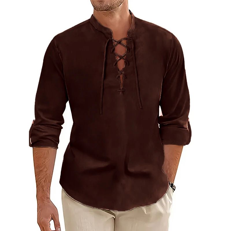 Men's Casual Long Sleeved TShirt Autumn Medieval Vintage Cotton Linen Shirts Halloween Streetwear Breathable Lace-up Streetwear