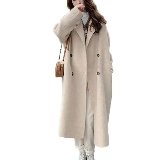 Women Coat Double-Breasted Mid-length Outerwear Lapel Stylish Warm Mid-Length Double Pockets Winter Coat Lady Accessories