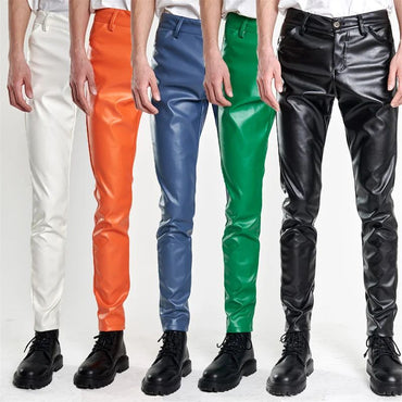 New Men Solid Color Slim Fit Faux Leather Pants Green / White / Black Homme Bar KTV High Street Biker Trousers