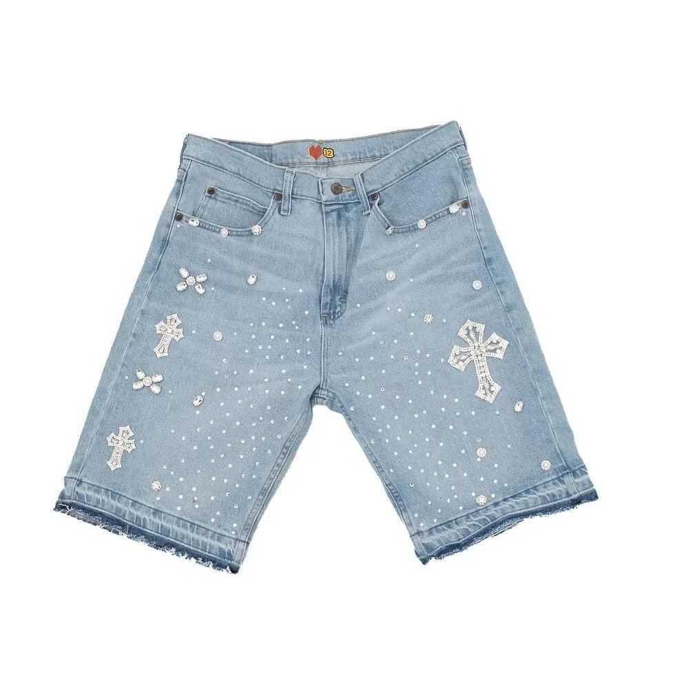 Retro Gothic Y2k Sweatpants Oversized Iron Diamond Pattern Denim Shorts for Men Hip Hop Punk Low Waist Gym Shorts Streetwear