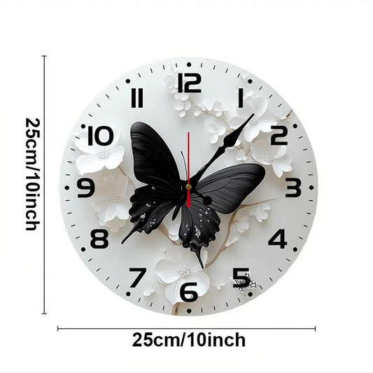 Black Butterfly Flower Wooden Round Silent Hanging Wall Clock,Suitable For Living Room,Office,Study Room,Bedroom,Home Decoration