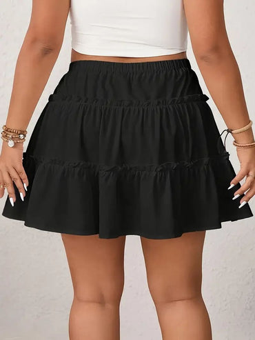 Plus Size 1XL-5XL Spring Women's Casual Elegant Solid Color A-Line Short Skirt Ladies Ruffled Hem Elastic Waistband A-Line Skirt