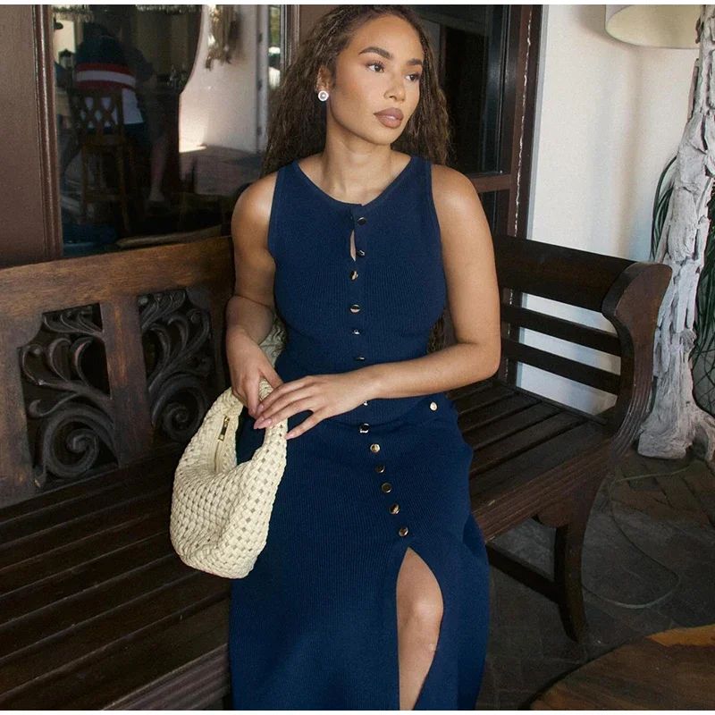2024 Summer Elegant Lady Knitted Single Breasted Long Dresses Women Solid Sleeve