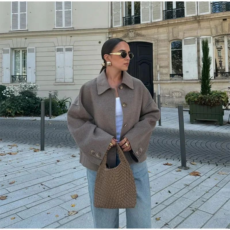 Casual Solid Single Breasted Wool Jacket Women Chic Lapel Long Sleeve Pleated Pocket Loose Coats Autumn High Street Overcoat New