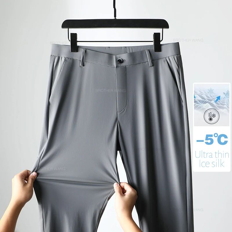 Spring Summer Ultra-thin Casual Pants Men's High Elastic Ice Silk Quick-dry Straight Draped Business Trousers Male Korean