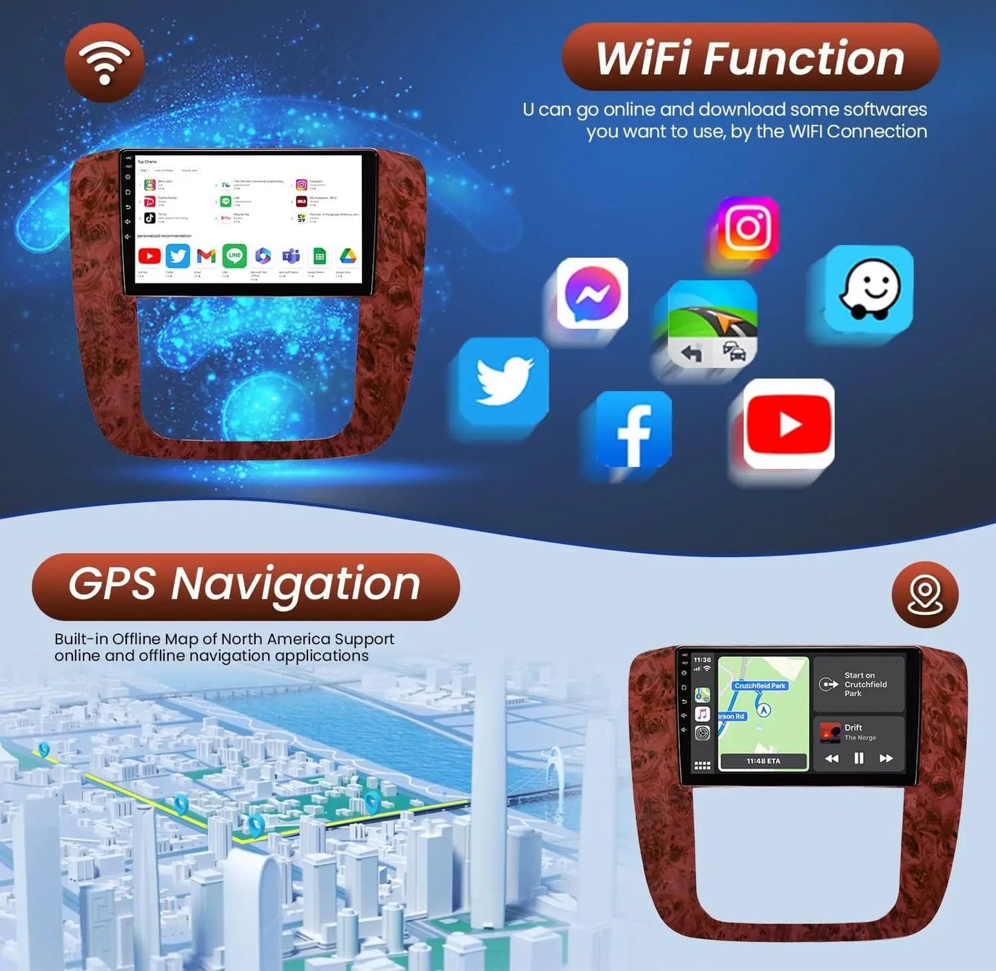 For 2006-2014 Chevrolet/GMC models Walnut-colored Android 13 9-inch in-dash navigation system with CarPlay Android Auto 2+32G