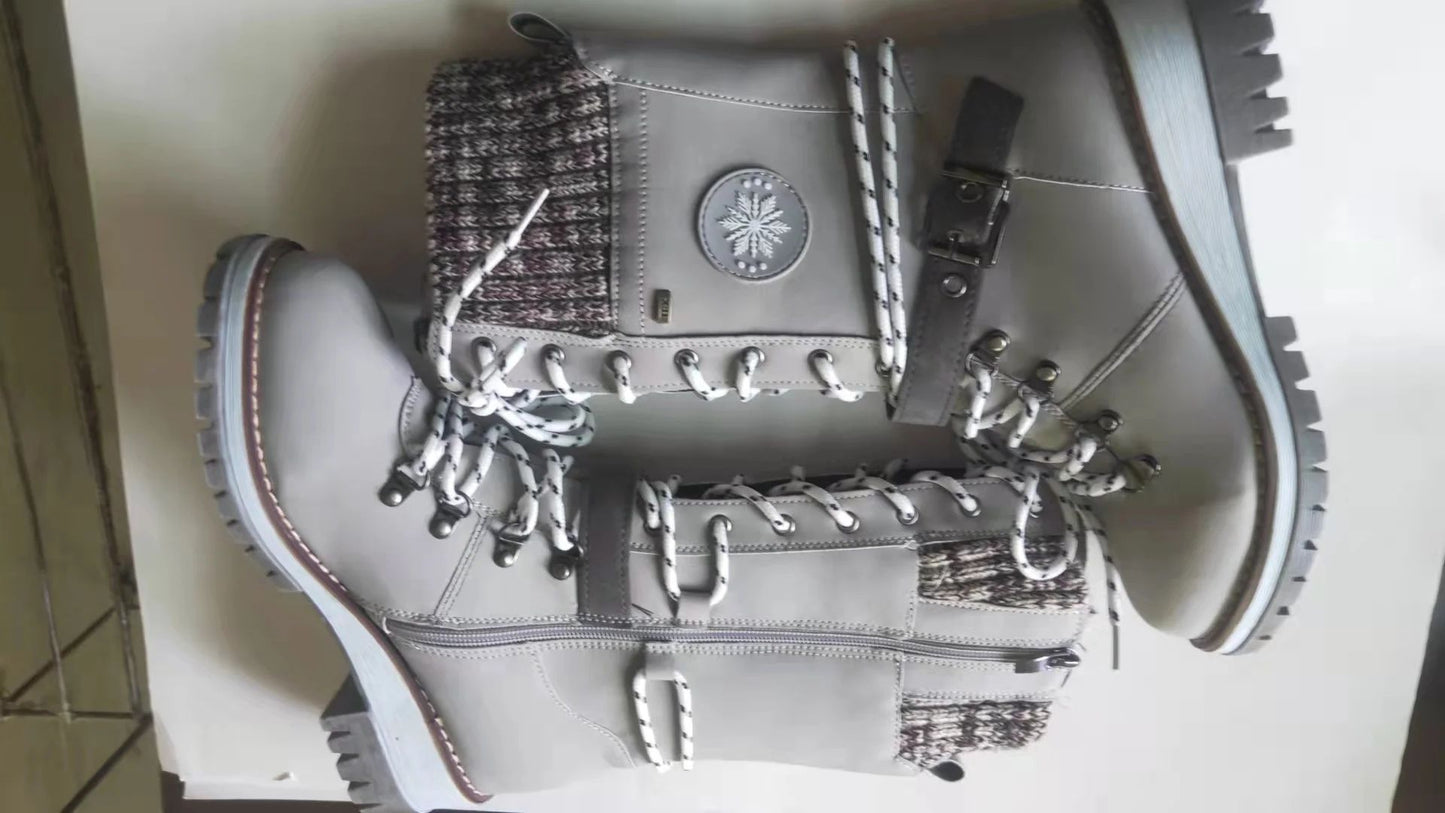 2025 Women Winter Buckle Lace Knitted Mid-calf Boots Low Heel Round Toe Boots Top Quality Winter Warm Boots Women Botas De Mujer