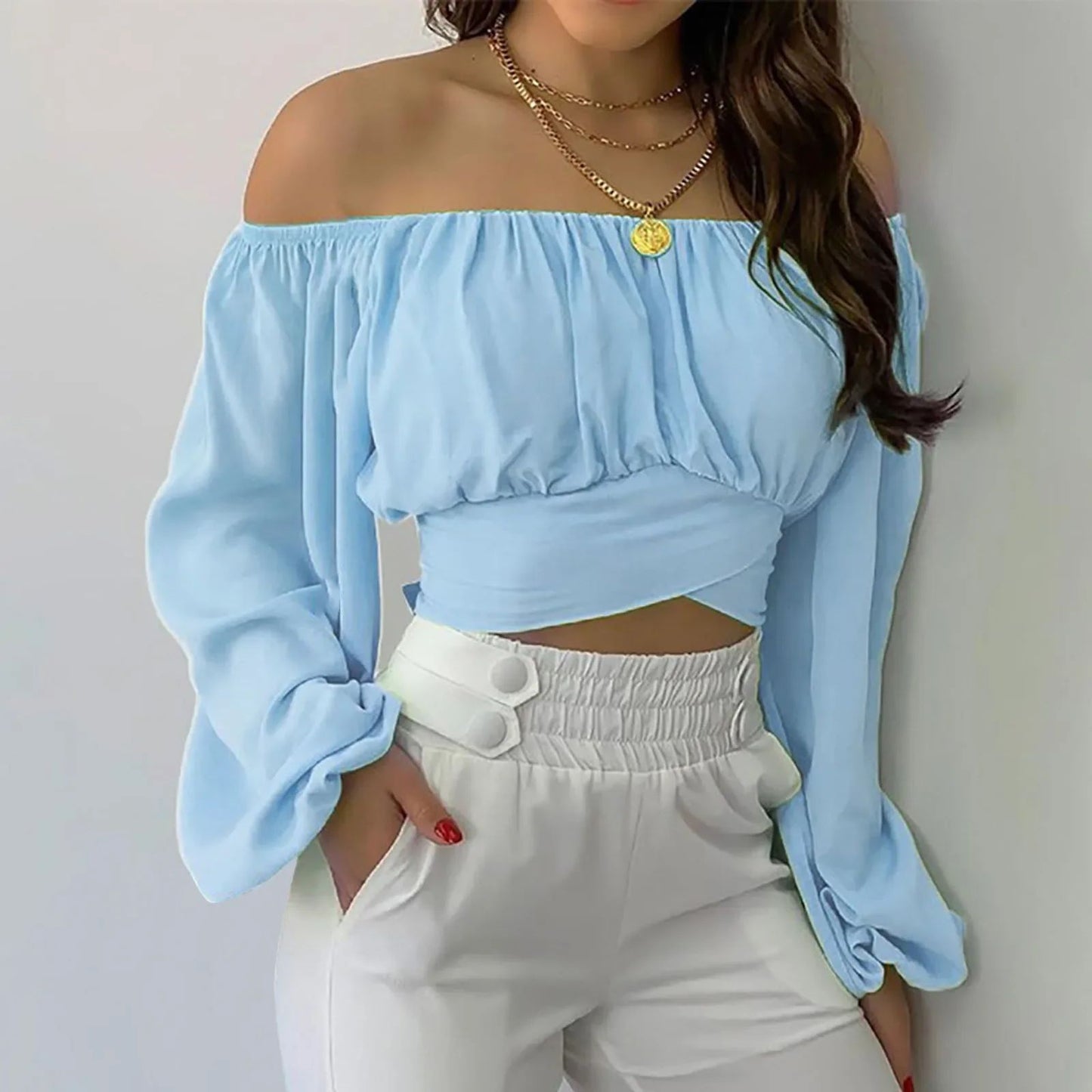 Women Sexy Off Shoulder Long Sleeve Top Self Tie Knot Crop Top Blouse Solid Color WoMen's Blouses Y2k Female Summer Shirts ????