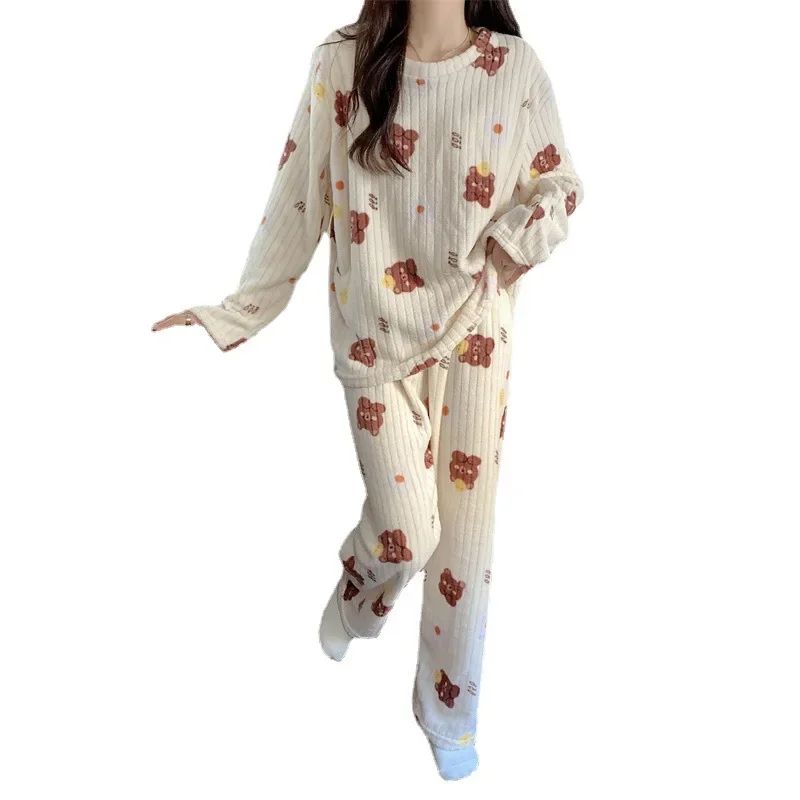 Autumn and Winter Coral Fleece Pajamas Set for Women Warm Lined Loungewear Cozy Home Sleepwear Christmas Gift