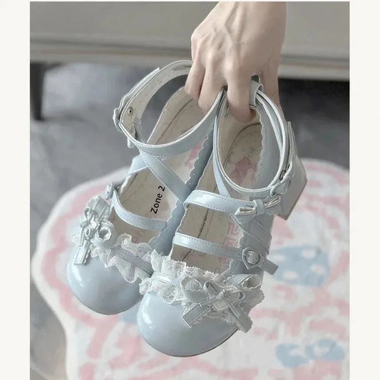Sapatos de salto alto Lolita vermelhos, sapatos de salto grosso de renda para primavera e outono, sapatos de couro envernizado Mary Jane para mulheres