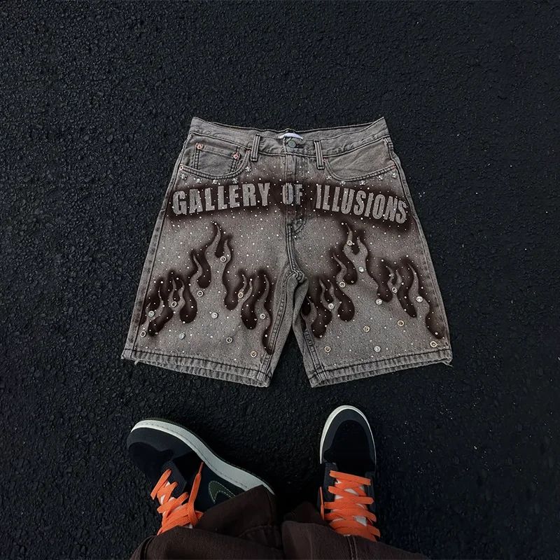 Goth Print Silk Jeans Men Shorts Street Harajuku Hiphop Vintage High Waited Denim Shorts of Men Clothing Casual Loose Pants Mens