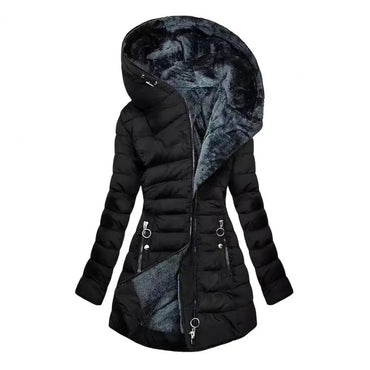 Long Sleeve Coat Solid Women's Winter Jacket with Plush Lining Hooded Outerwear Warm Windproof Down Coat for Cold Weather