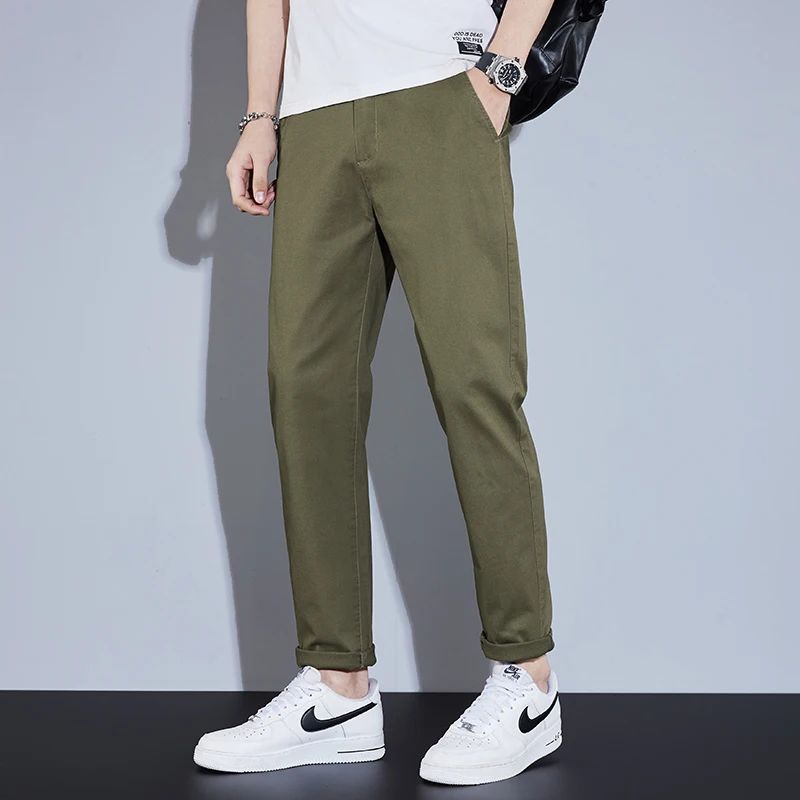 Casual Men Orange Loose Straight Business Pants Green Khaki Elastic Waist Trousers Soft Cotton Lyocell Fabric Korean Cargo Pants