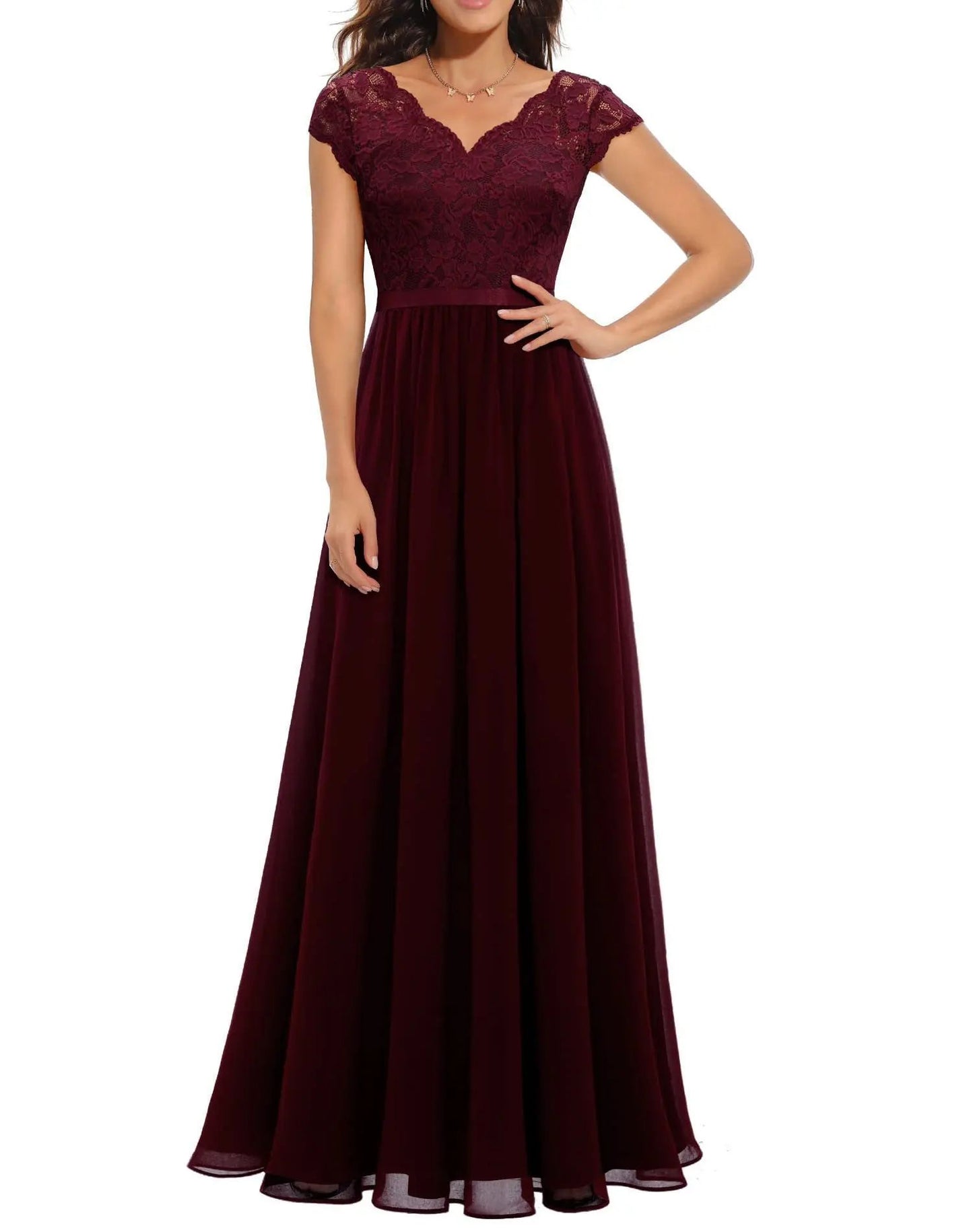 New 6-Color 5-Size Lace Splicing Long Waist-Cinching Elegant Dress Floor-Length V-Neck Polyester Fiber Evening Gown Dress