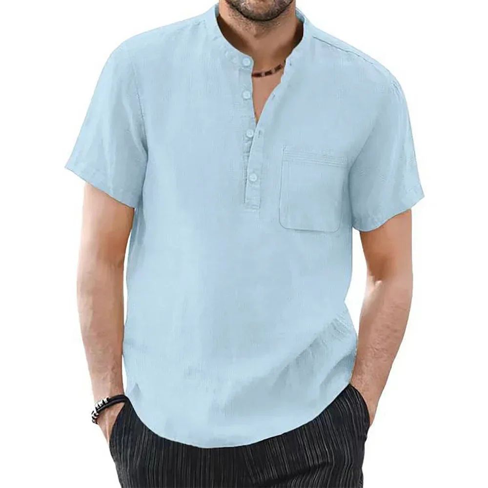 Men's Henley Collar T-shirt Summer Breathable Baggy Cotton Linen Short Sleeve T Shirts for Men Holiday Wear Tops