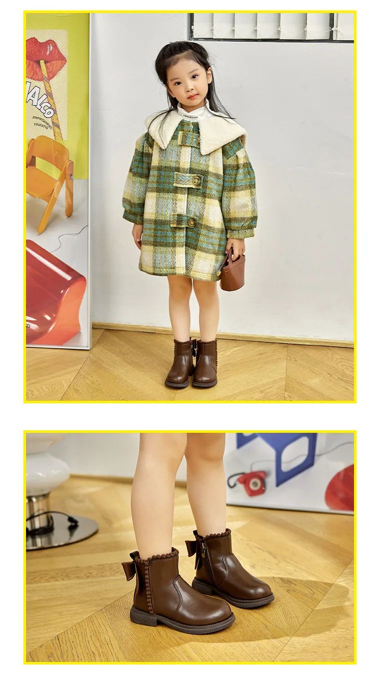 Girls Ankle Boots with Back Bow-knot Kids Short Boots Soft Sole 2025 New Girls' Princess Leather Boots with Warm Cotton Side Zip