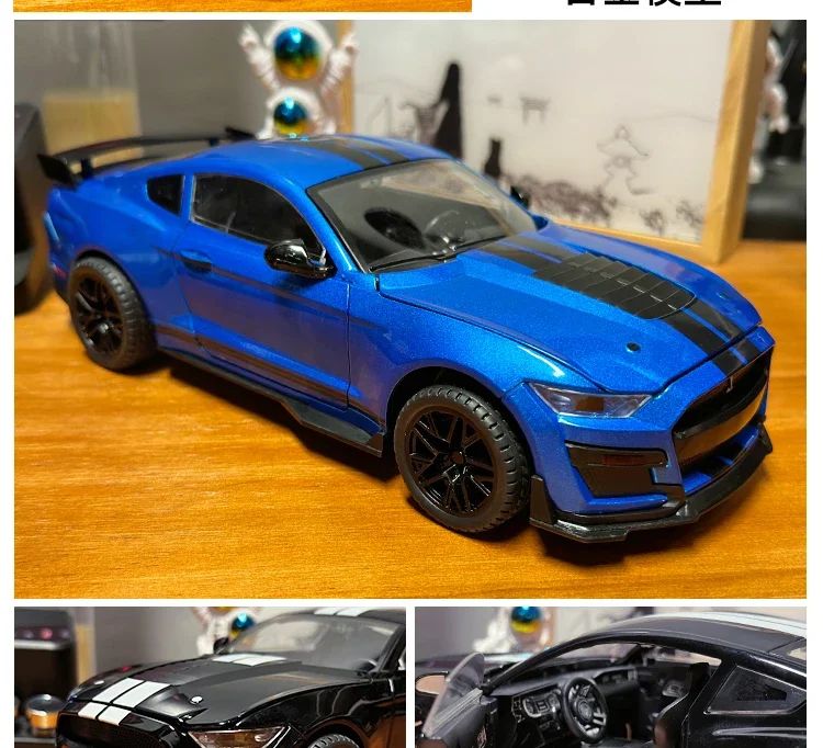 Miniaturas grandes de Ford Mustang GT500 1:18, veículo de liga fundido em metal, modelo colecionável, brinquedos com luz e som, carro de presente para crianças e meninos