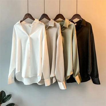 Fall Turn-down Collar Elegant Satin Loose Women Shirt 2025 Plus Size Blouse Autumn Vintage Casual Button Silk Tops
