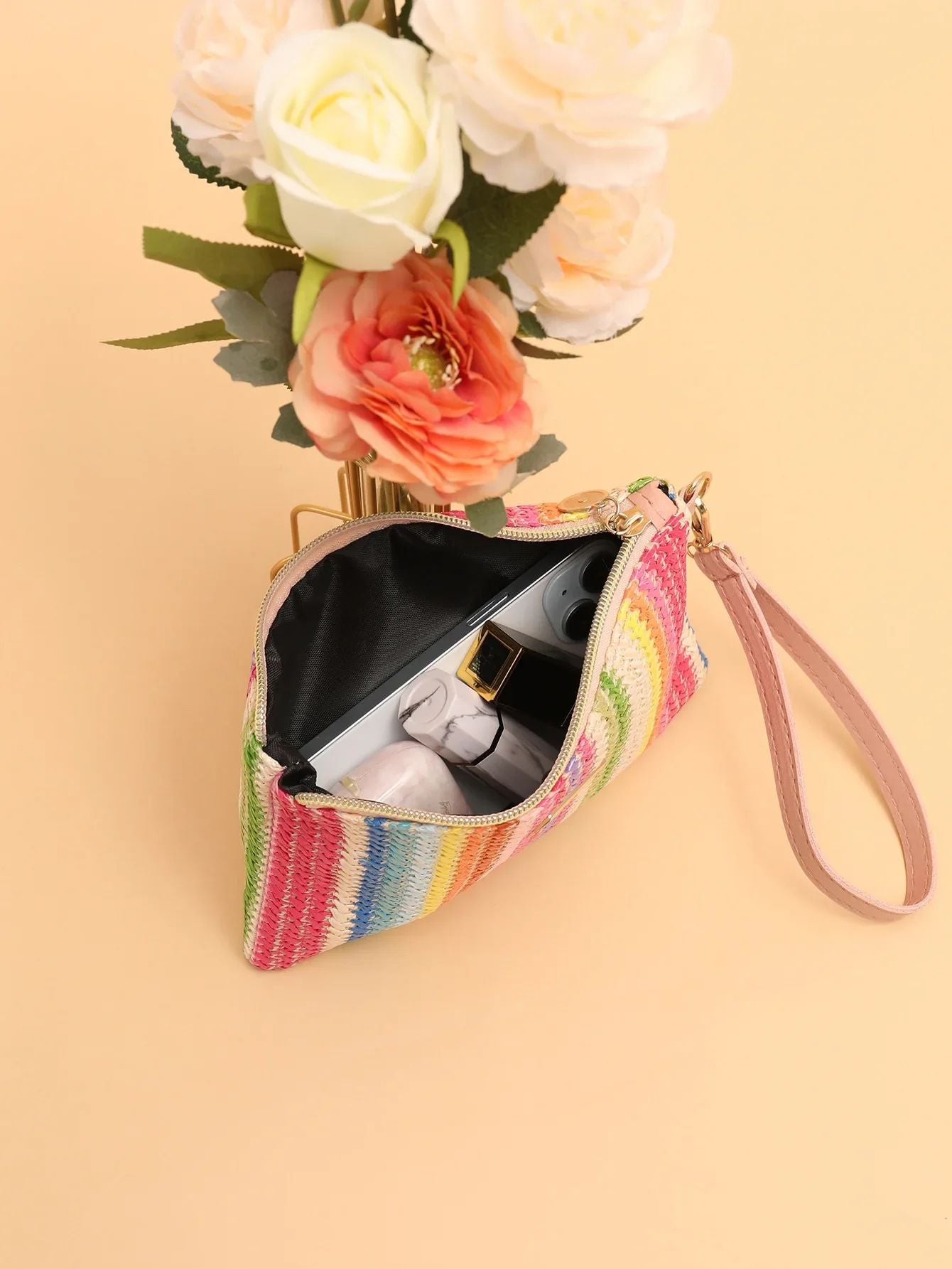 Rattan Knitting Women Straw Bags Fashion Colorful Summer Beach Clutch Bag Female Woven Wristlet Bag Wallet Money Coin Purse