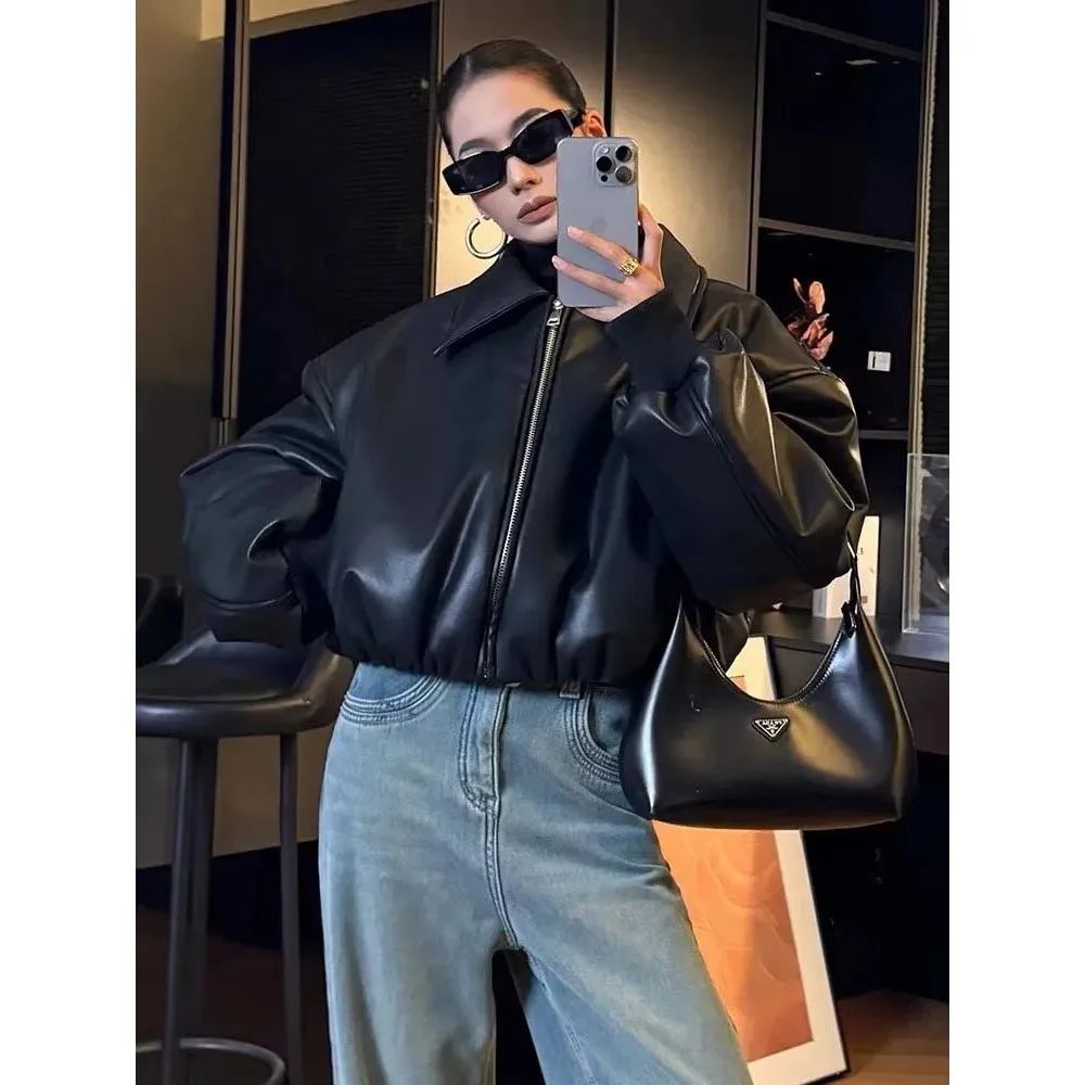 2025 Fall Winter Faux Leather Jacket for Women Oversized Streetwear Cotton Padded Parkas Short Bomber Coat Warm