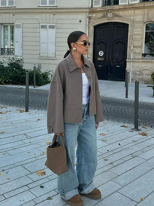 Casual Solid Single Breasted Wool Jacket Women Chic Lapel Long Sleeve Pleated Pocket Loose Coats Autumn High Street Overcoat New