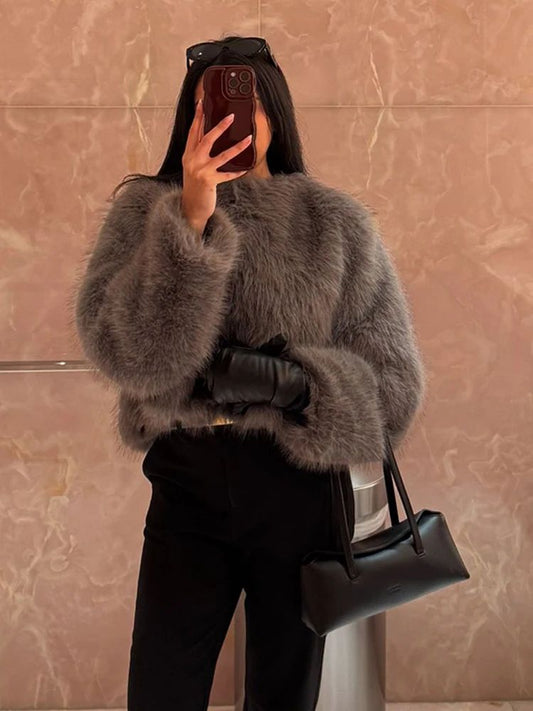 Women Patchwork Faux Fur Coat Elegant Contrast Full Sleeve Lapel Loose Long Staple Plush Jacket Winter High Street Outerwears