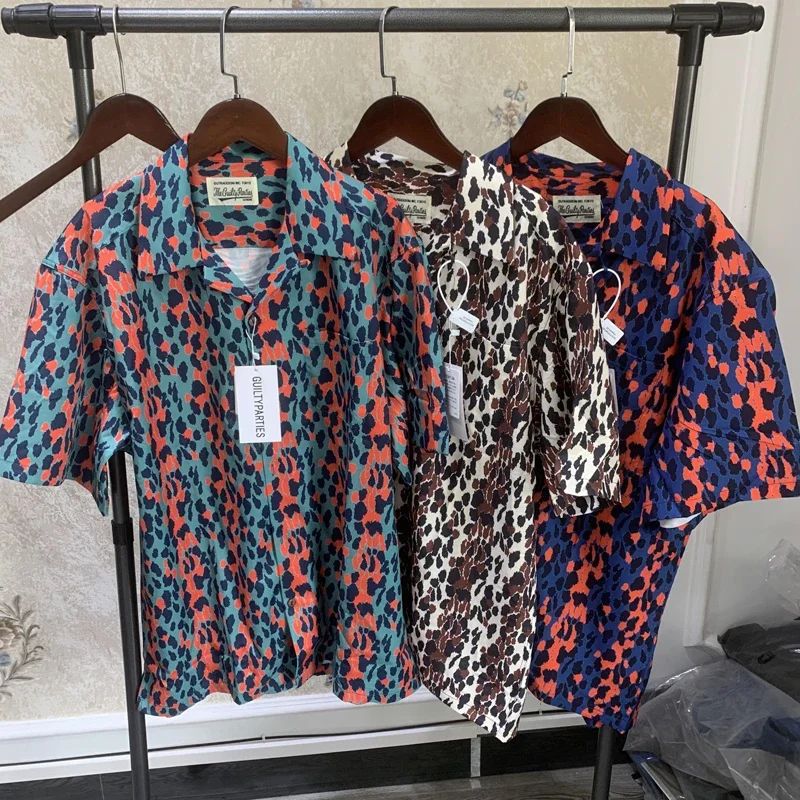 Classics Summer WACKO MARIA Shirts Full Print Leopard Rayon Short-sleeved Real Photos Hawaiian Shirt for Men Women