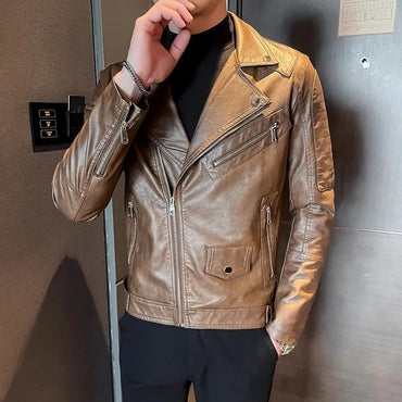 LIBIELIY Autumn Winter High Quality Men PU Leather Jacket Moto Biker Fashion Casual Leather Coat Male Solid Turn Down Collar Sli