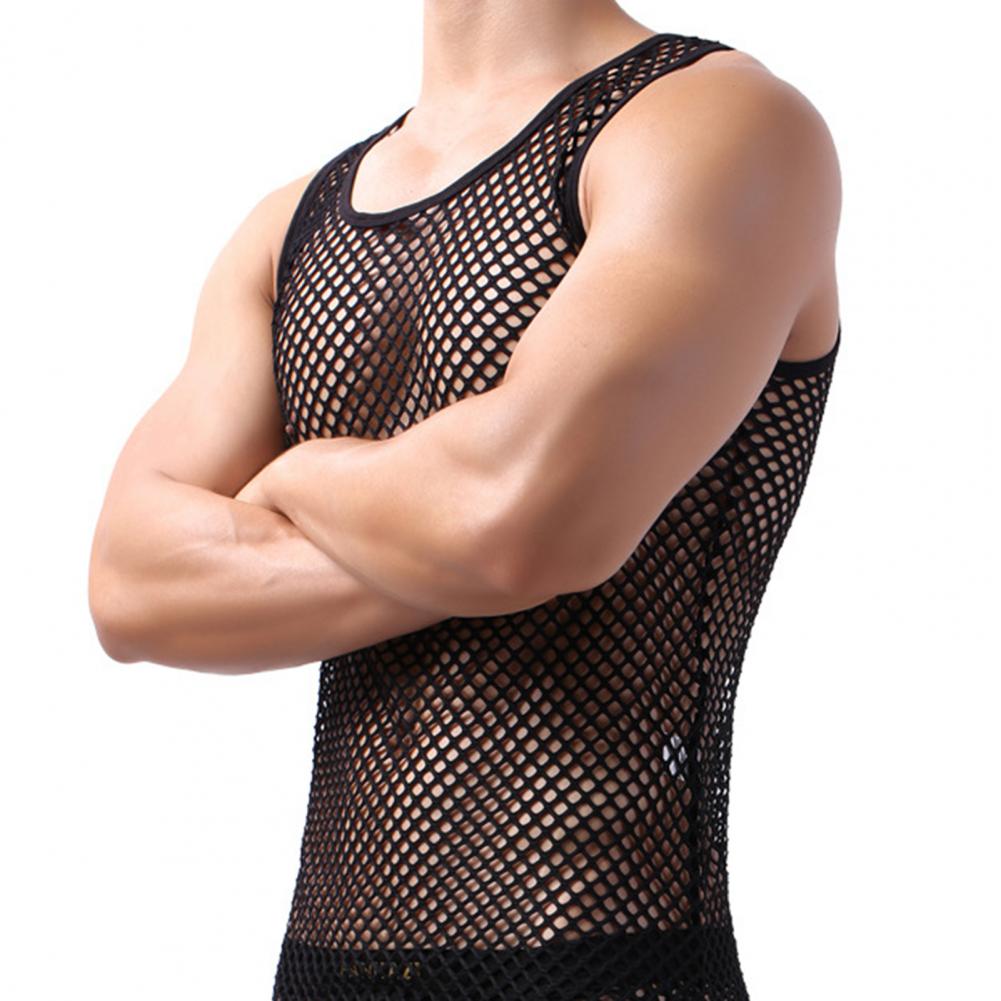 Fishnet Men Sexy Mesh Tank Tops Transparent Sleep Tops Male Underwear Pure Color Vest Sleeveless Tops Underwear Male Undershirt