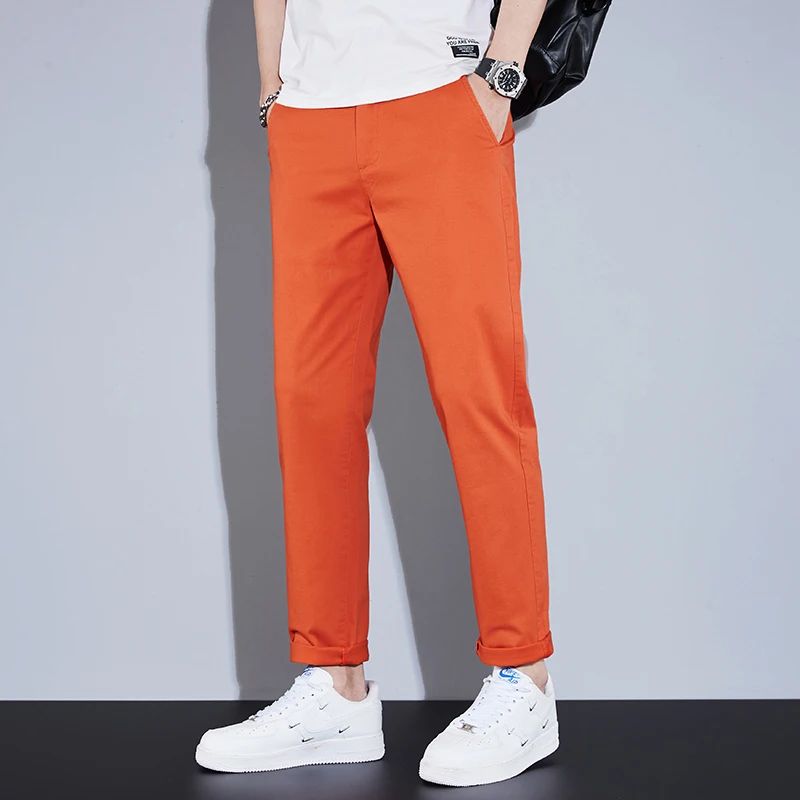 Casual Men Orange Loose Straight Business Pants Green Khaki Elastic Waist Trousers Soft Cotton Lyocell Fabric Korean Cargo Pants