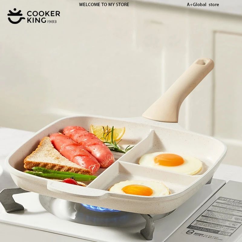 COOKER KinG Egg Frying Pan Three-in-one Non-stick Pancake Pans Breakfast Steak Flat-Bottomed Pan for Gas Stove Induction Cooker