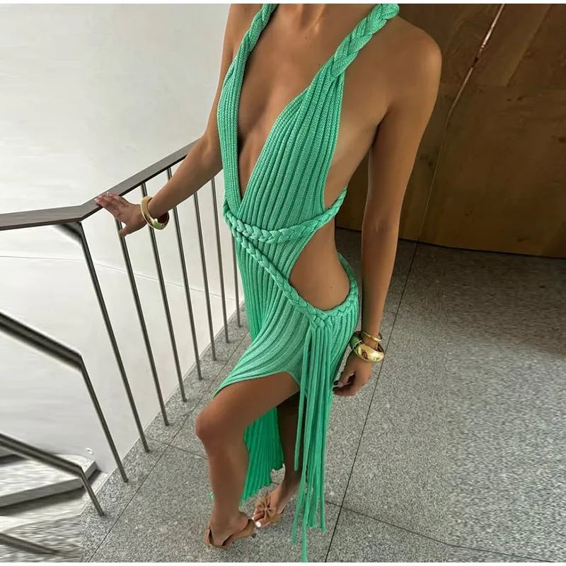Sexy Knit High Slit Backless Long Dress Women Green Ribbed Hollow V-neck Dresses