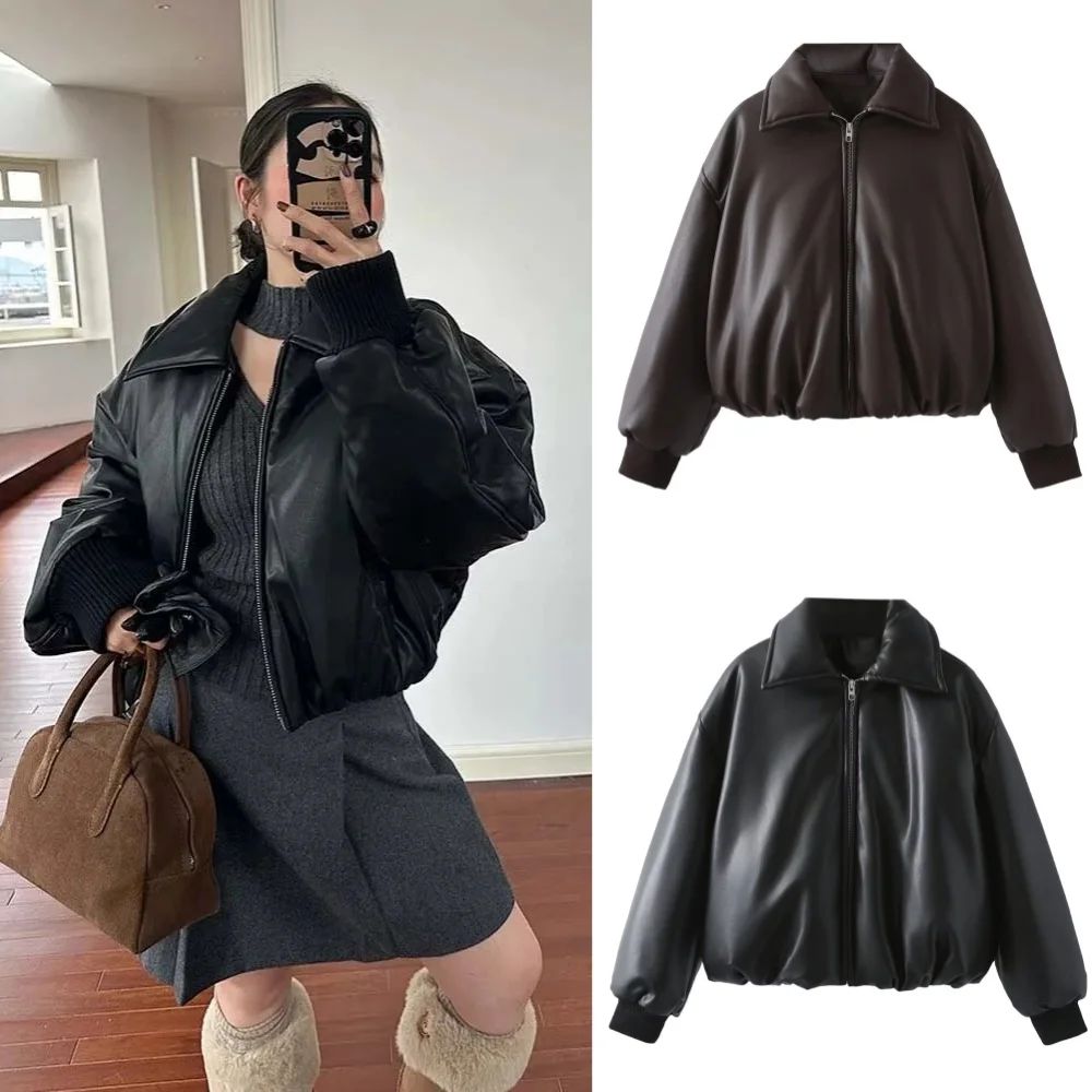 2025 Fall Winter Faux Leather Jacket for Women Oversized Streetwear Cotton Padded Parkas Short Bomber Coat Warm
