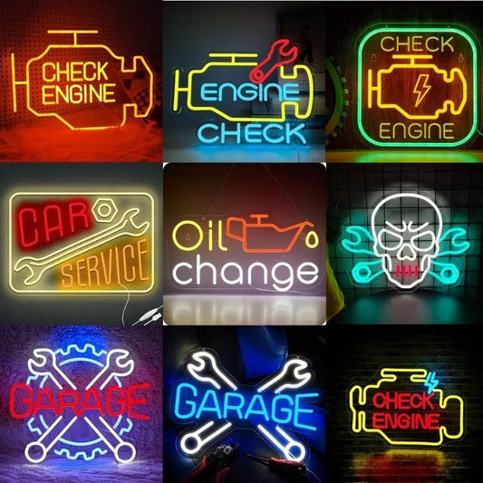 Garage Light Neon Signs for Wall Decor,LED Check Engine Neon Lights Sign for Dad Gifts,Man Cave Auto Repair Workshop Party Decor