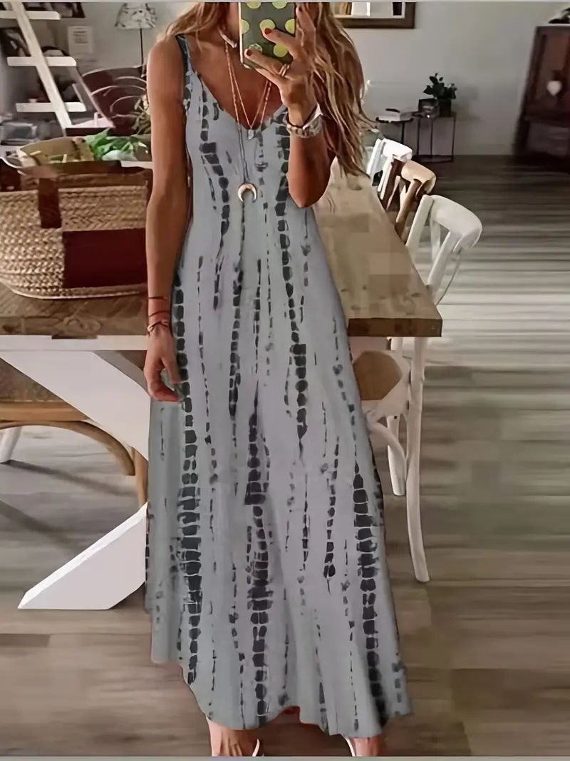 Women's Casual Loose V-neck Tie Dye Printed Spaghetti Maxi Dress Summer Beach Va