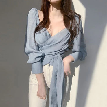 2023 Design Long Sleeve Shirt Women's V-neck Pleated Waist Top Blusas Clothes for Women Tops Shirts Blouses