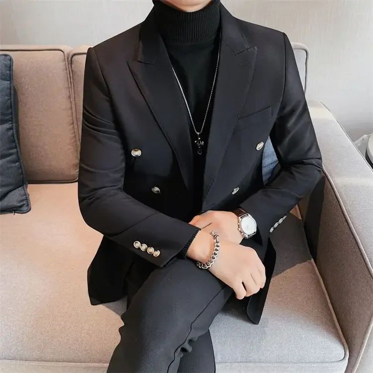 Jacket for Men Dress Jackets Coats Double Breasted Black Business Man Suits and Blazers Simple New in Korean Style Clothes 2025