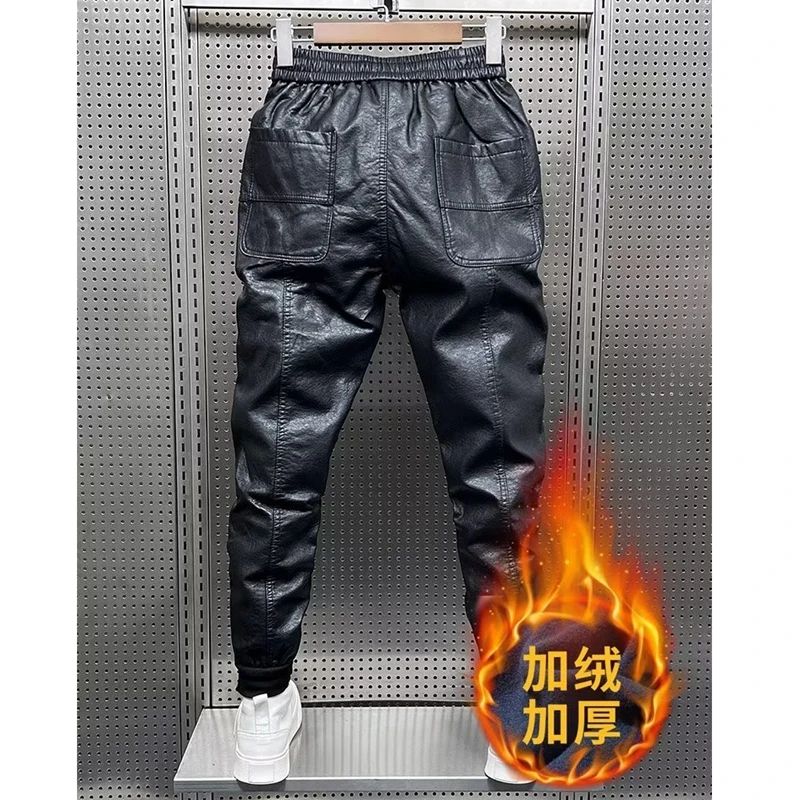Autumn Winter Men's Velvet Thickened Windproof Waterproof Leather Pants Outdoor Motorcycle Riding PU Slim-fitting