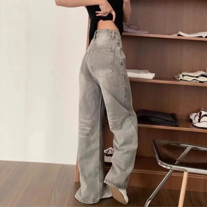 High Waist Wide Leg Jeans Women's Vintage Spring Autumn Slimming Straight Floor-Length Pants American Style Loose Fit