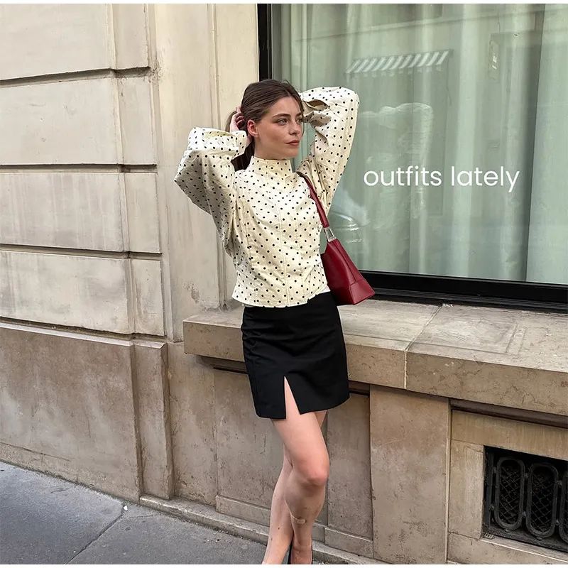 Polka Dot Stand Neck Short Jackets Women Fashion Long Sleeve Patchwork Contrast Slim Coats Casual Lady Street Commute Outerwear