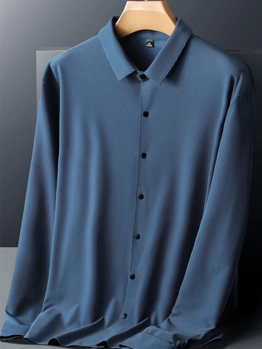 Stretch Elastic Stripe Men's Shirt Long Sleeve Classic Blouse Male Elegant Work Big Size Plus Large High Quality Ice Silk Social